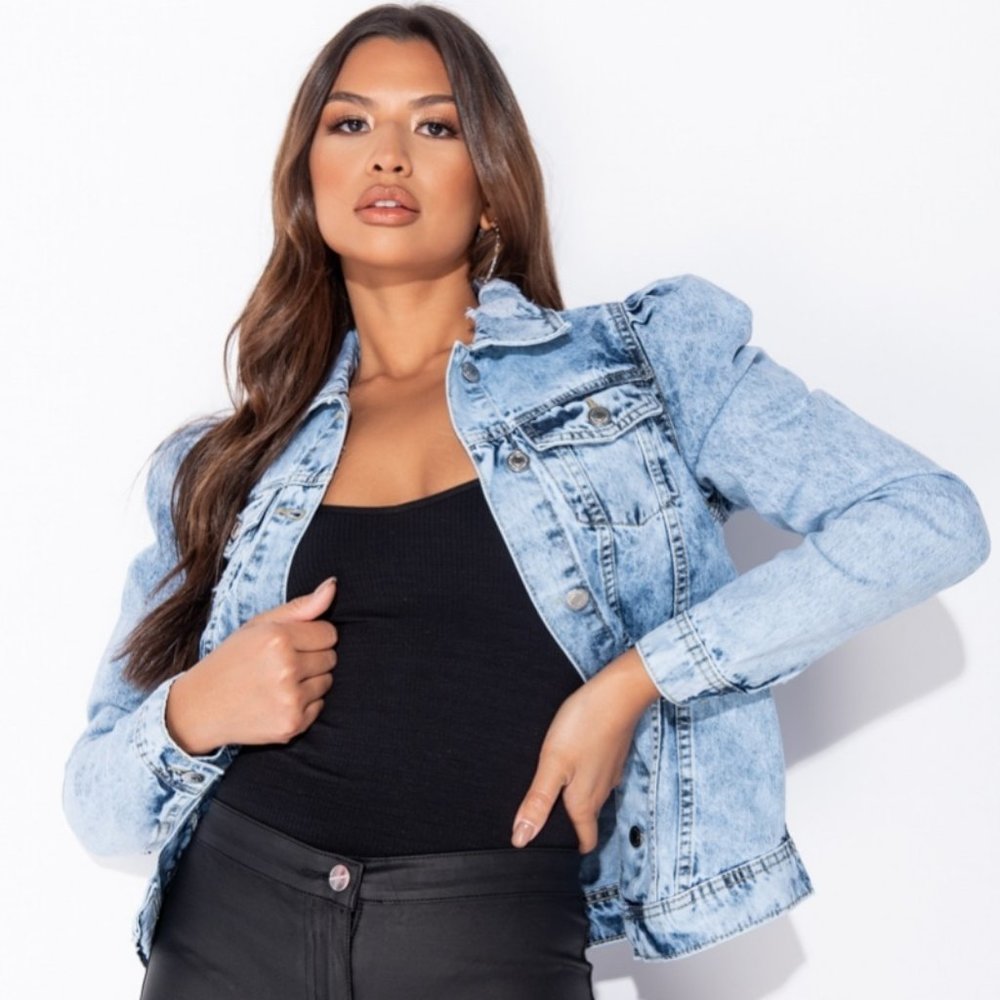 LAST 1! Acid Wash Long Puff Sleeve Denim Jacket - Picture 3 of 7